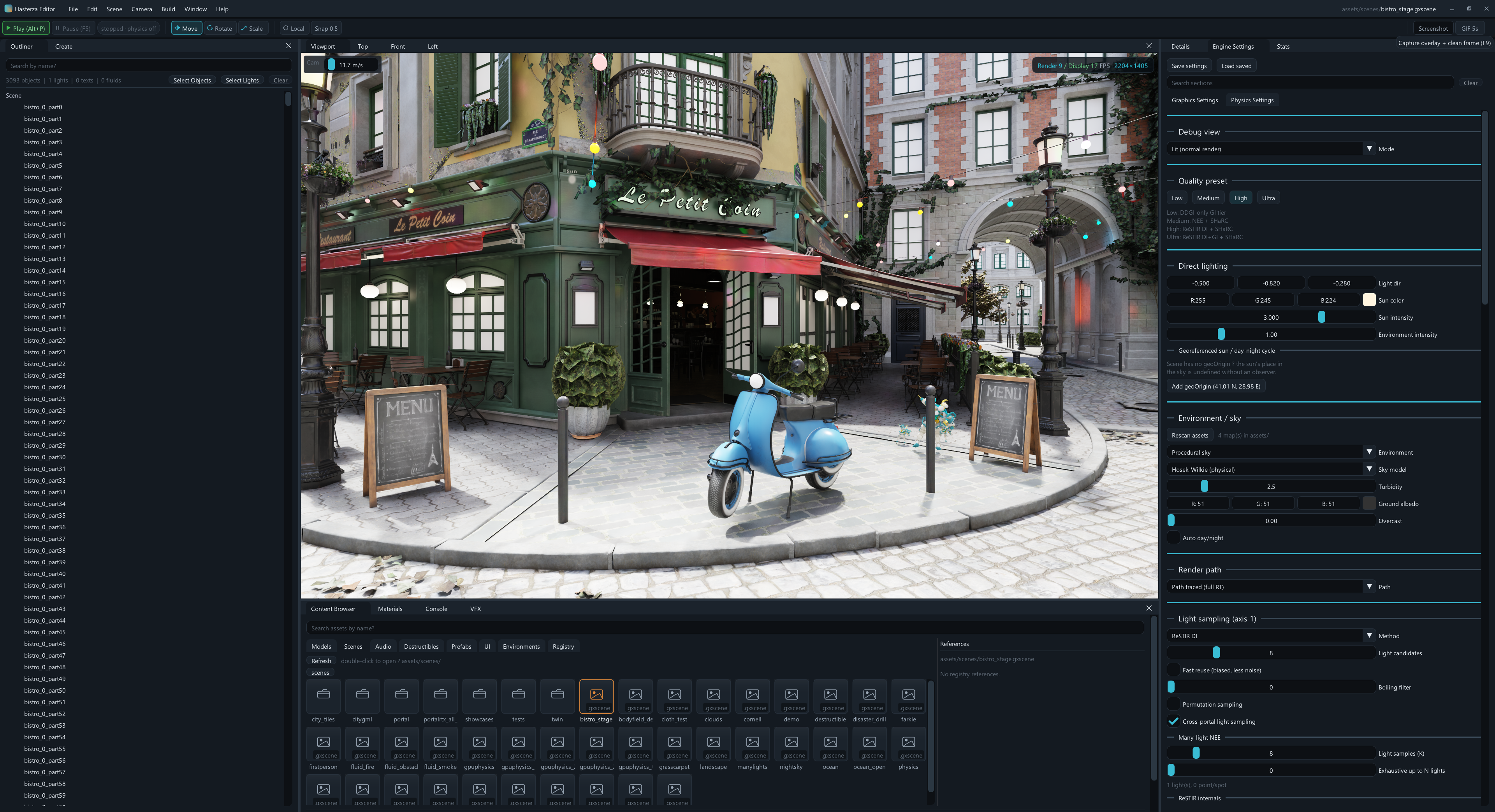 Hasterza Editor displaying a path-traced café scene