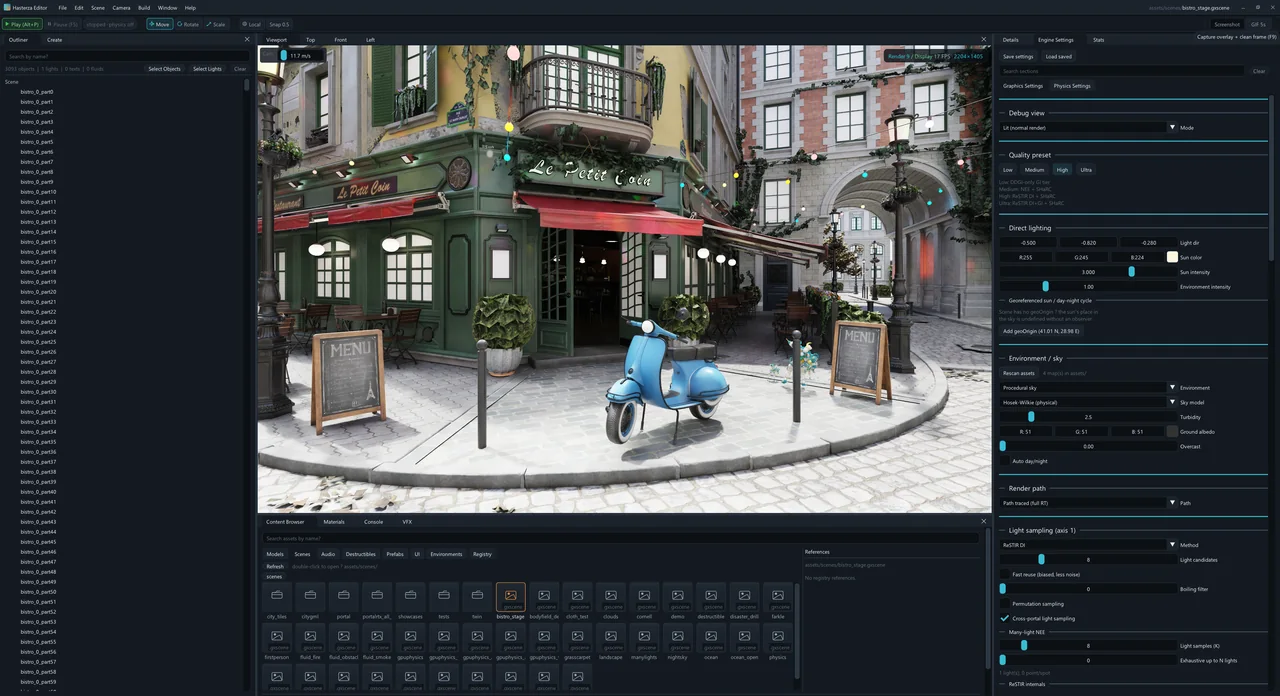 Hasterza Editor displaying a path-traced café scene